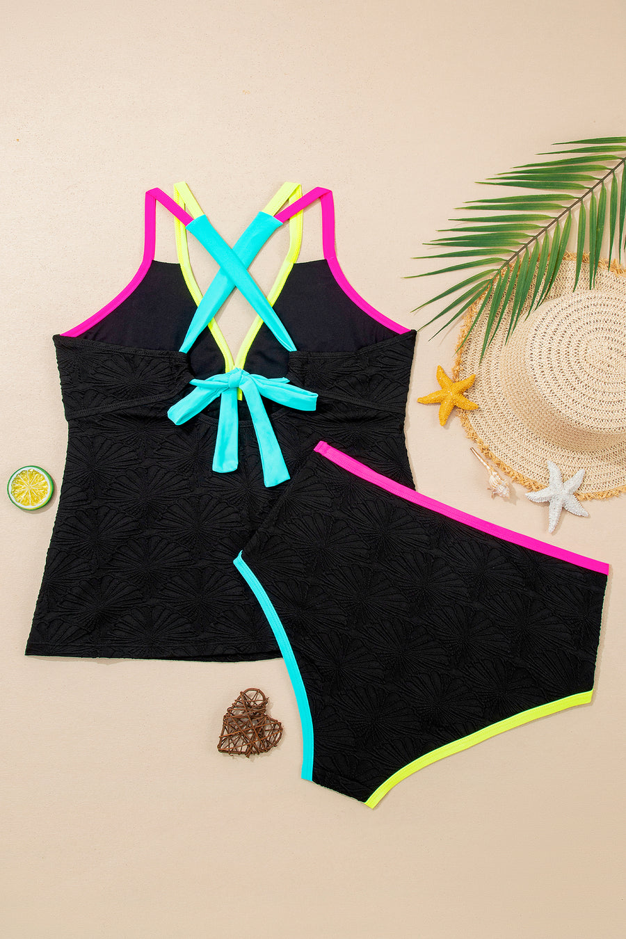 Floral Neon Trim Crisscross Backless Tankini Set Women UK