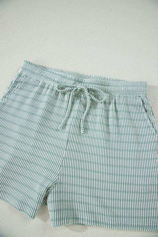 Stripe Raised Rib Loose Tee & Drawstring Elastic Waist Shorts Set