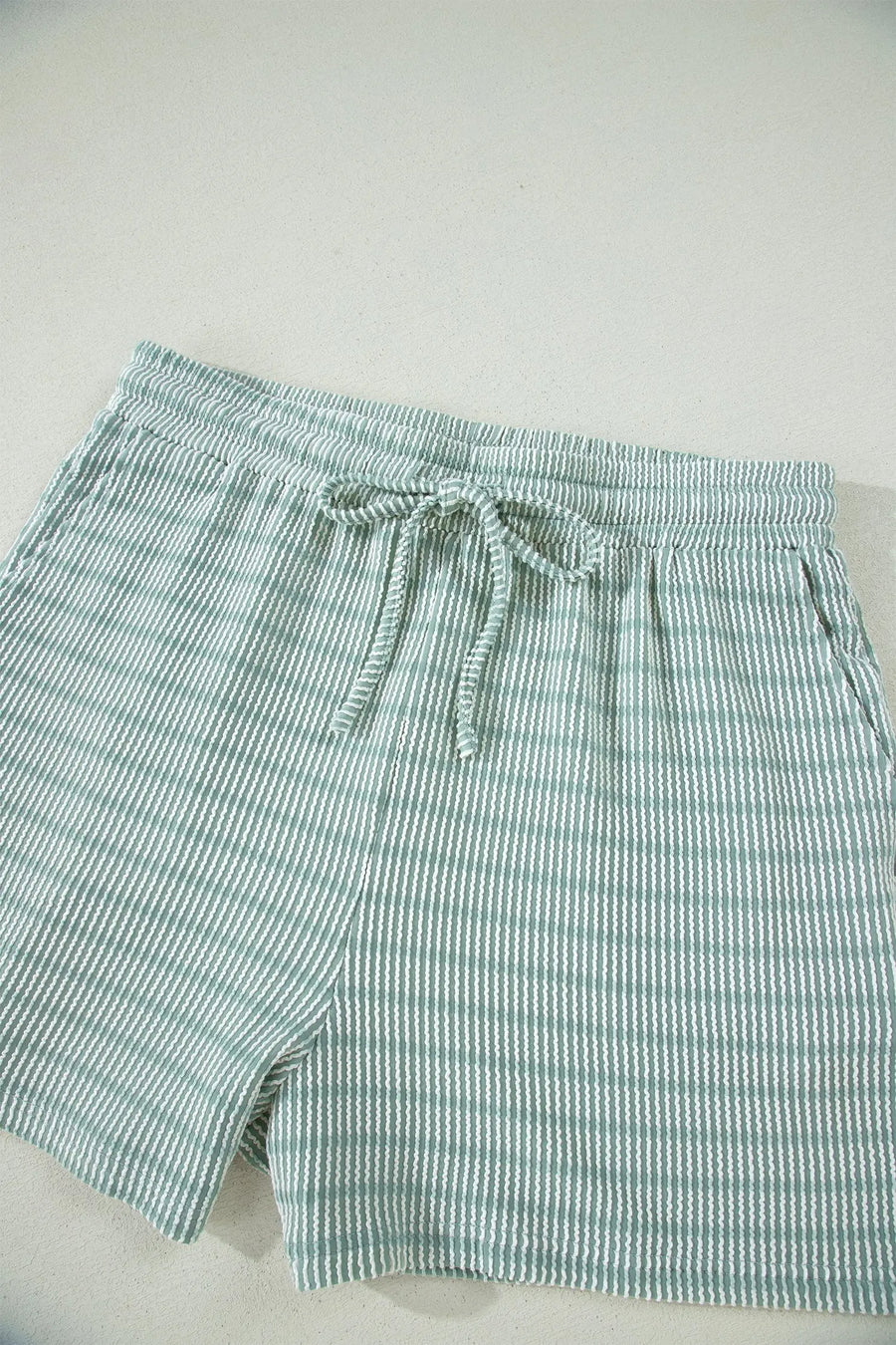 Stripe Raised Rib Loose Tee & Drawstring Elastic Waist Shorts Set