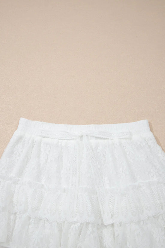 White lace ruffle tiered drawstring elastic waist sweet shorts