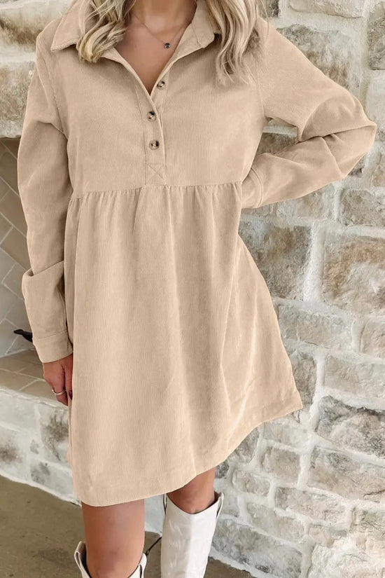 Corduroy mini dress half button collar long sleeve a-line women uk | fashionfitz