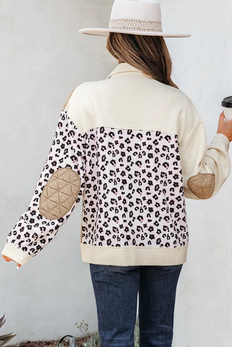 Khaki Leopard Quilted Jacket Back View - Waffle Knit Patchwork Design Fall Coat
