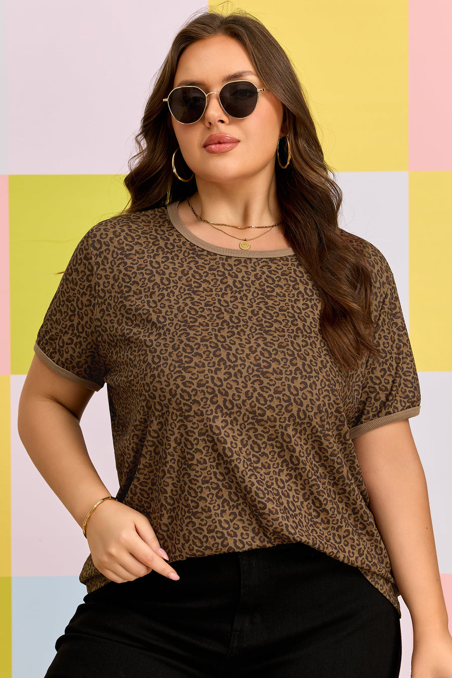 Leopard Print Ribbed Trim Round Neck Plus Size Tee Women UK