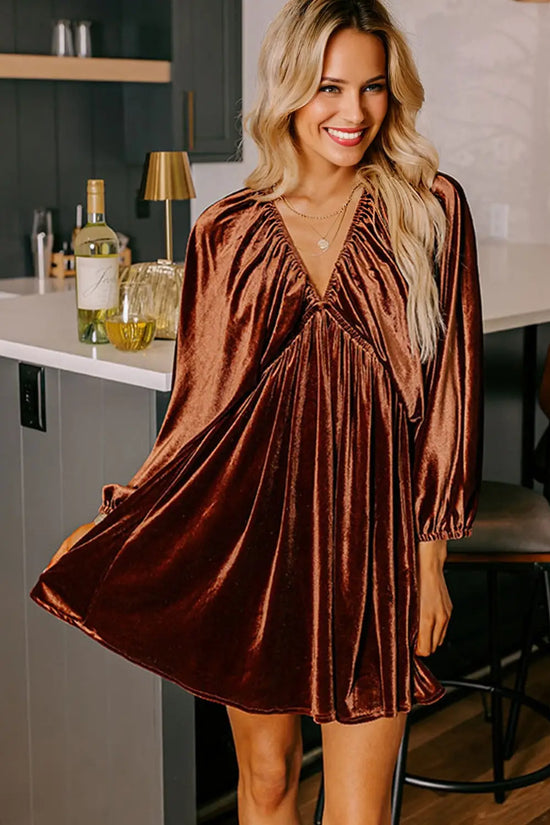 Clay elastic v neck puff sleeve short velvet dress