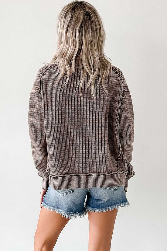 Back view of brown stonewash patchwork knit open cardigan showing ribbed texture and relaxed fit, ideal for daily casual wear.