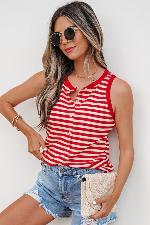 Red Stripe Buttoned Ribbed Knit Tank Top Women UK