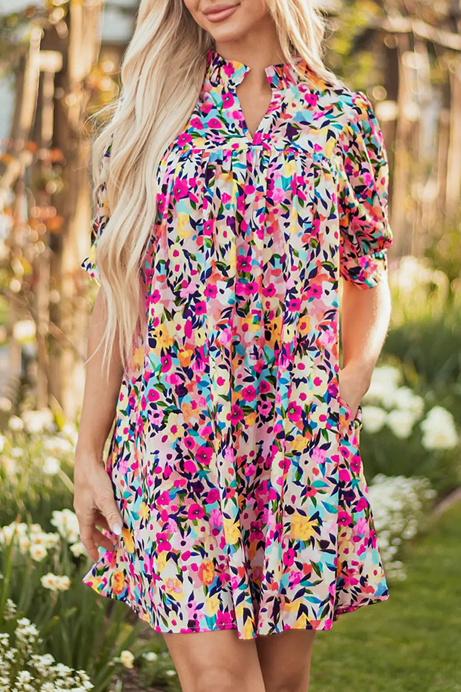 Pink Floral Puff Sleeve V Neck Mini Dress Women UK — close-up detail