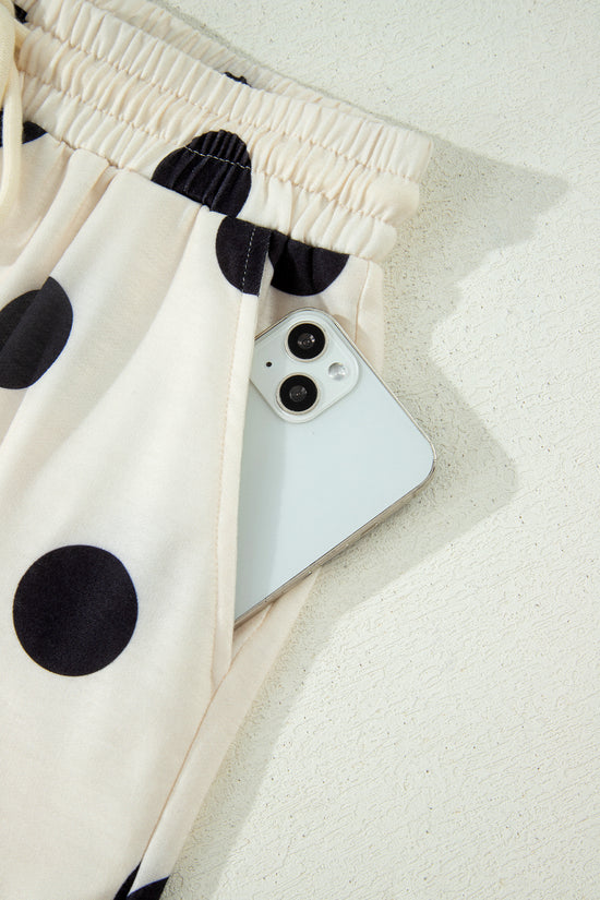Polka Dot V Neck Short Sleeve Tee High Waist Drawstring Shorts Set