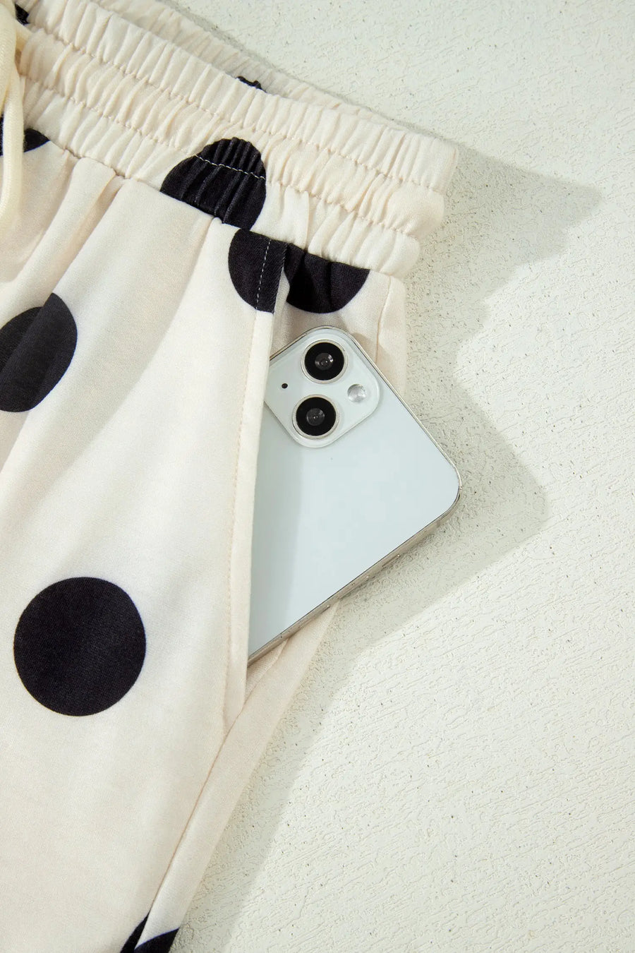 Polka Dot V Neck Short Sleeve Tee High Waist Drawstring Shorts Set — back view | Fashionfitz UK