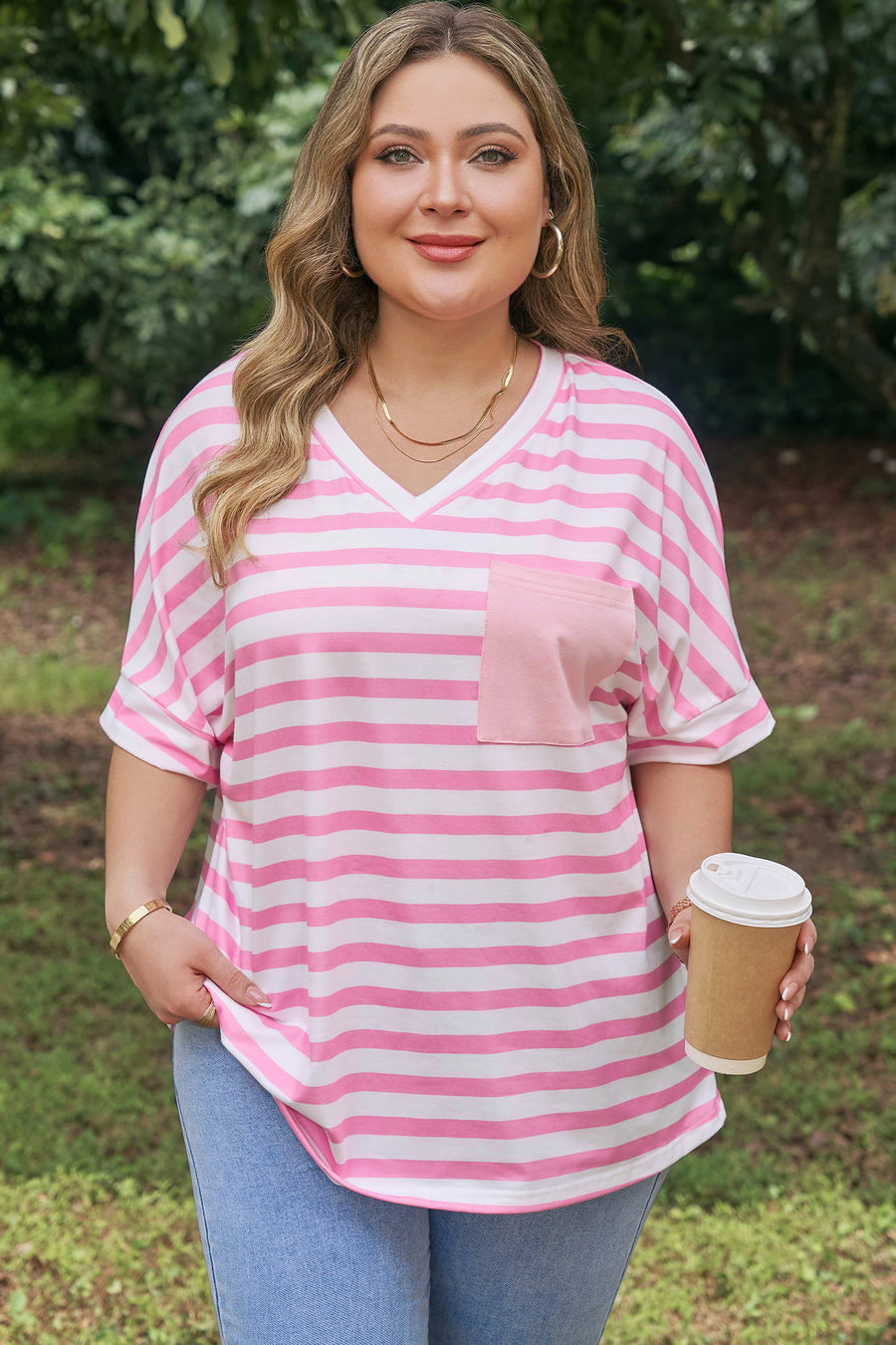 Plus Size Stripe Colourblock V-Neck Tee Patched Chest Pocket Short Sleeve — styled flat lay | Fashionfitz UK