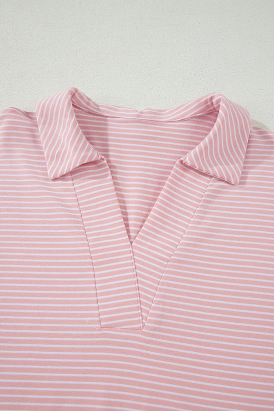 Striped Dolman Sleeve Polo Shirt and Drawstring Shorts Two Piece Set