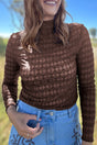 Chicory Coffee Sheer Textured Lace Stand Neck Long Sleeve Top