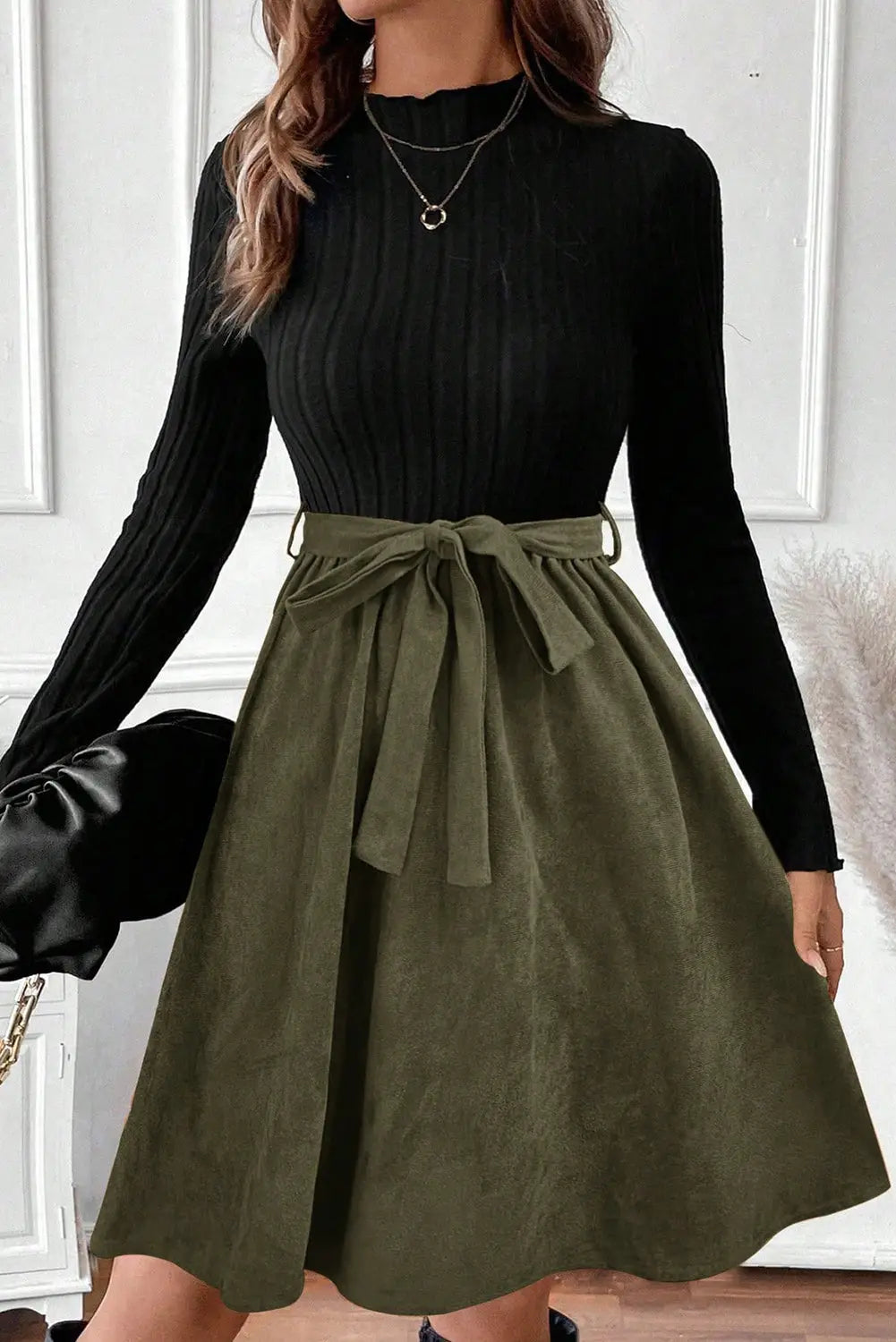 Black ribbed knit slim patchwork belted mini dress