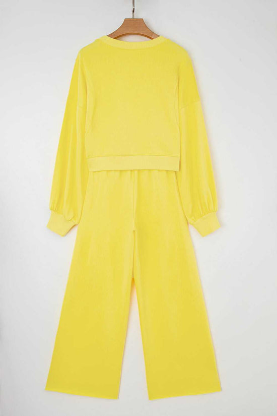 Back flat lay of yellow Drop Crop Wide-Leg Pants Set, showing full outfit design for relaxed and stylish loungewear.