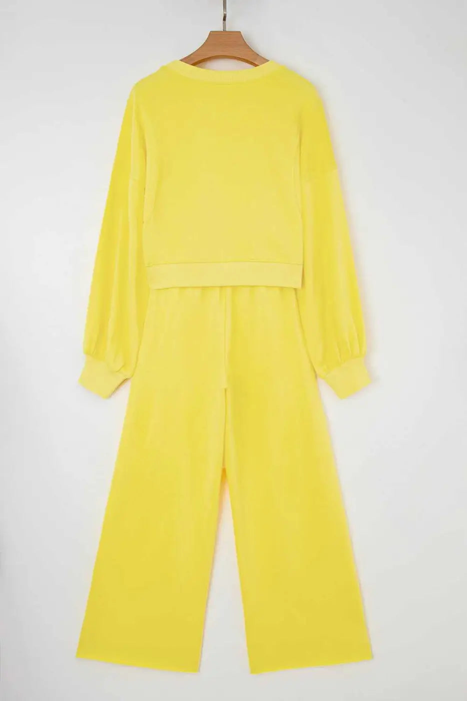 Back flat lay of yellow Drop Crop Wide-Leg Pants Set, showing full outfit design for relaxed and stylish loungewear.