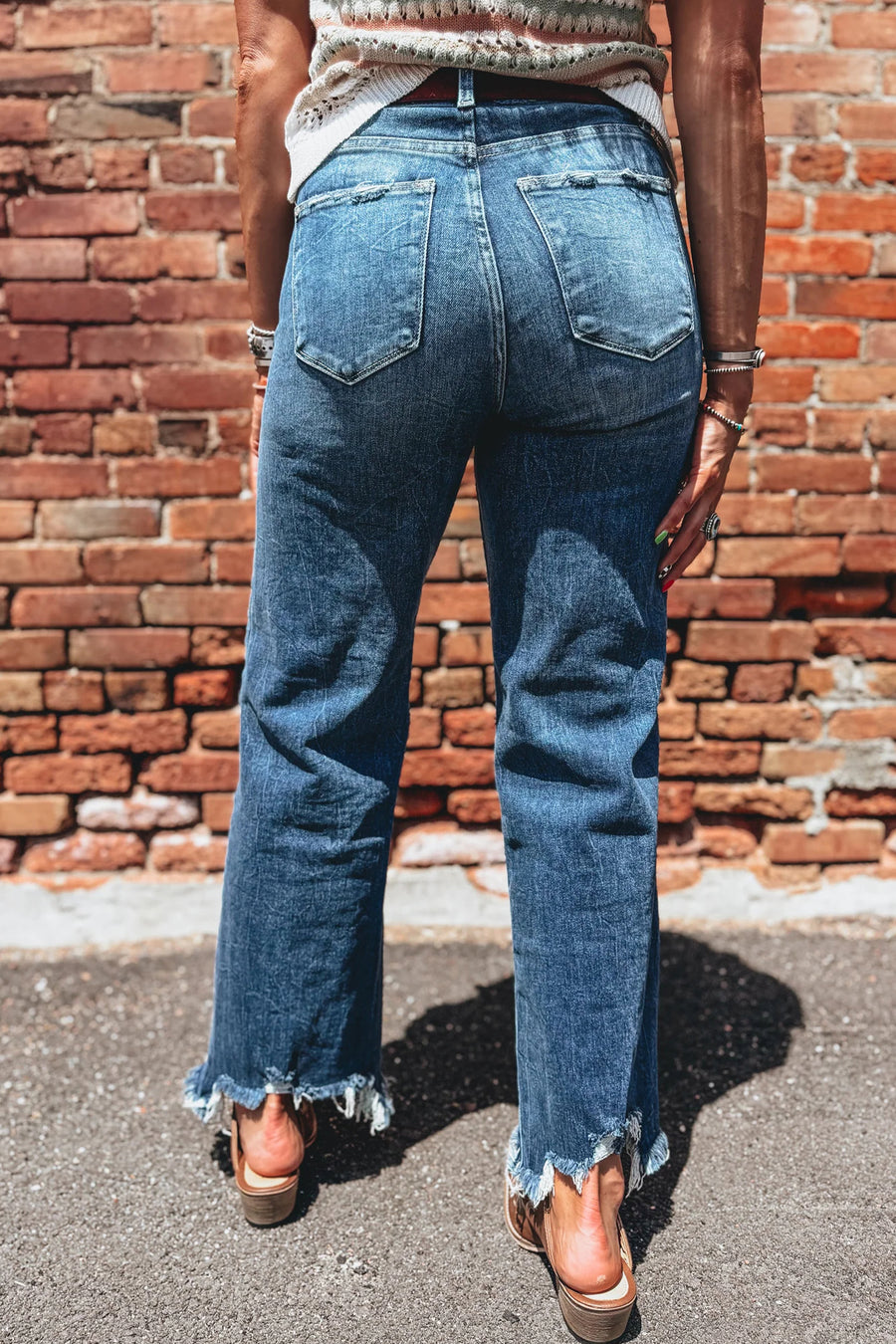 Frayed raw hem detail on high waist flare jeans — Fashionfitz UK
