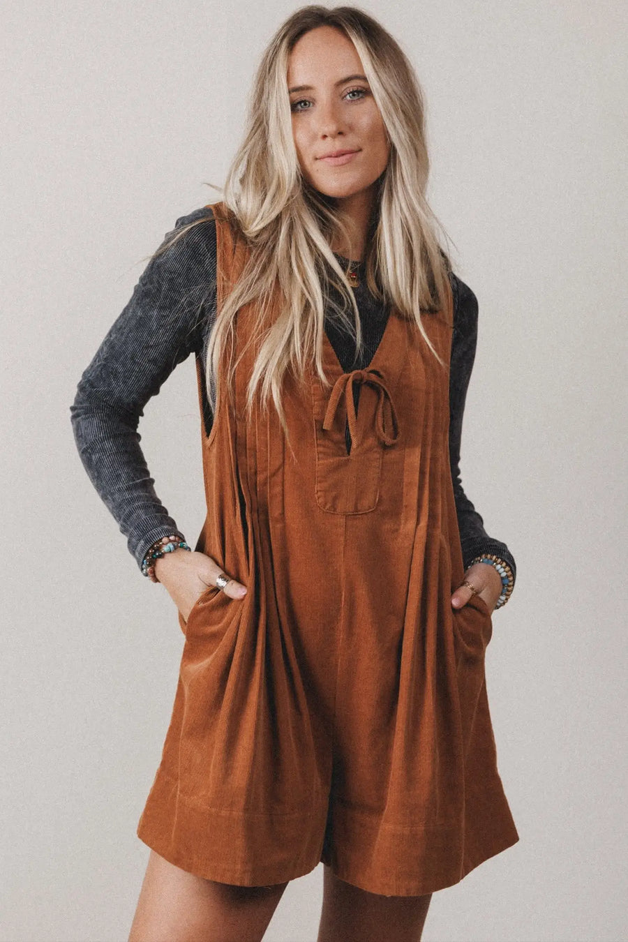 Cinnamon Corduroy Sleeveless Romper Tie V-Neck — styled outfit look | Fashionfitz UK