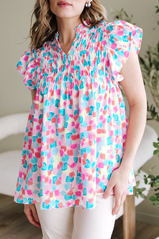 Shirred  Blouse - Ruffled Abstract Print