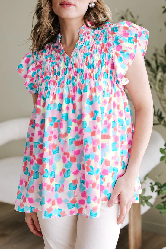 Shirred blouse - ruffled abstract print blouses