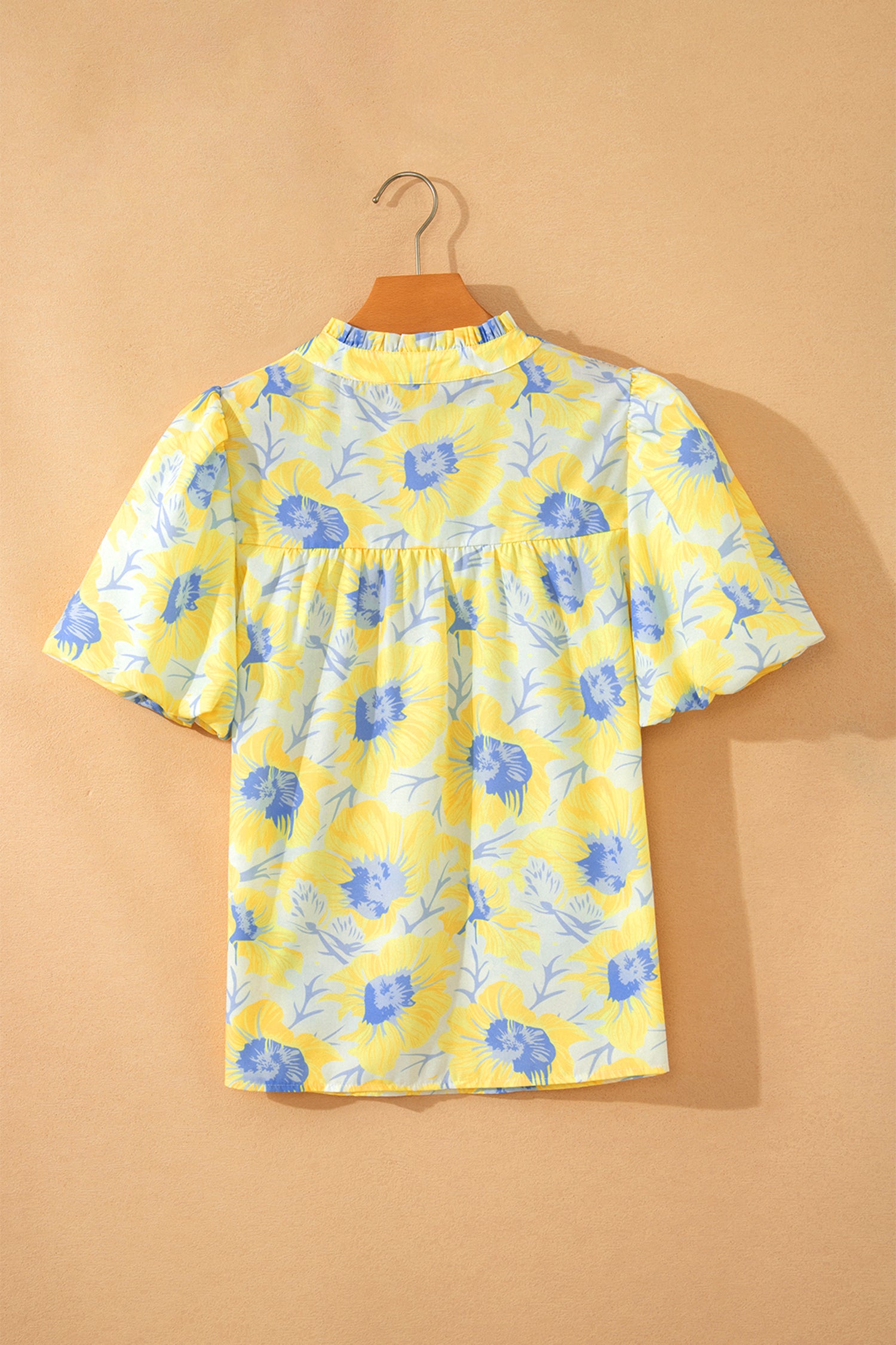 Floral Jacquard Bubble Sleeve Notched V Neck Babydoll Blouse