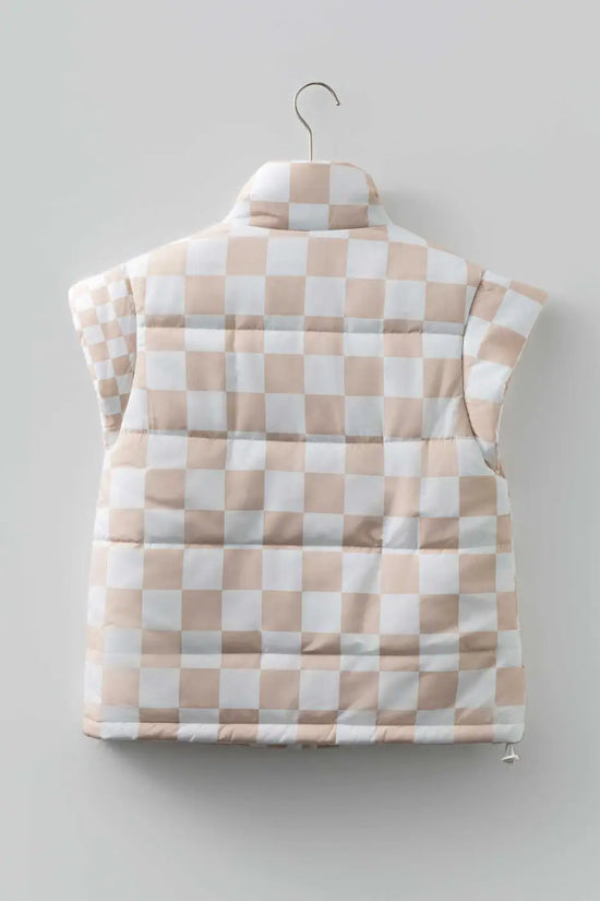Back view of khaki plaid quilted gilet showing padded design and checkered print, ideal for layering in cold weather.