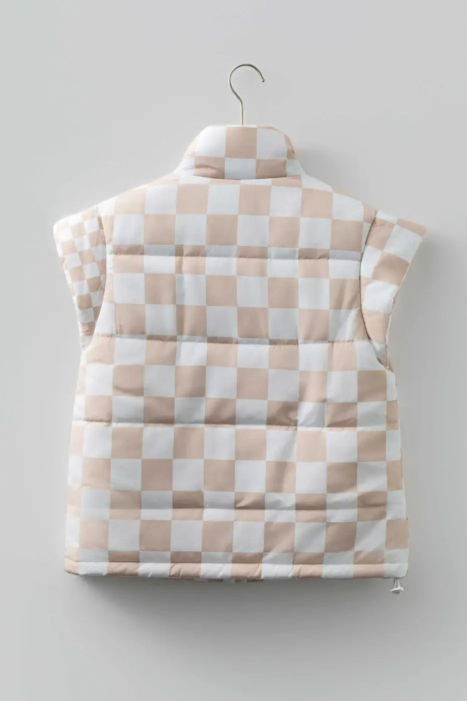 Back view of khaki plaid quilted gilet showing padded design and checkered print, ideal for layering in cold weather.