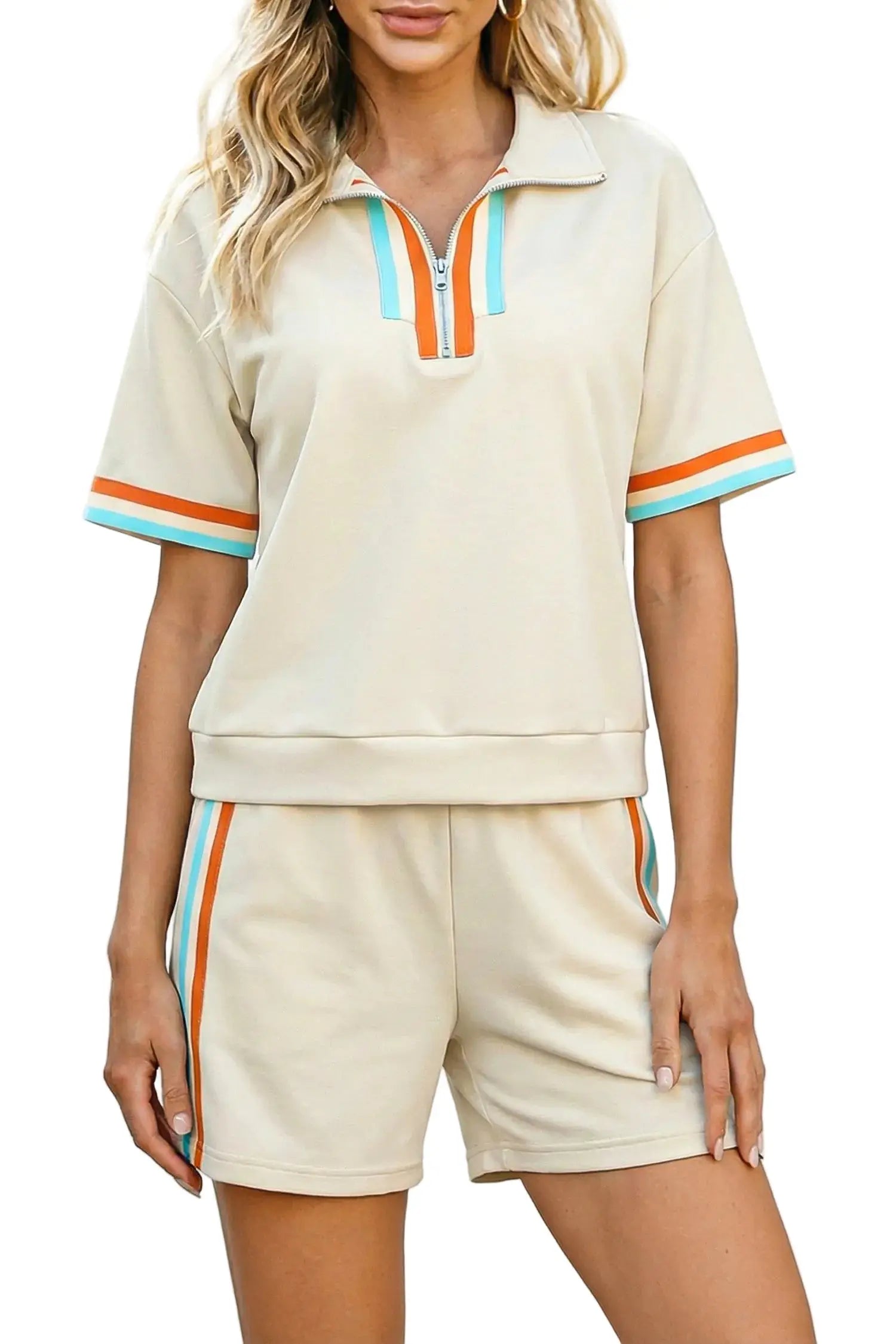 Striped half zip polo short set two piece women uk | fashionfitz