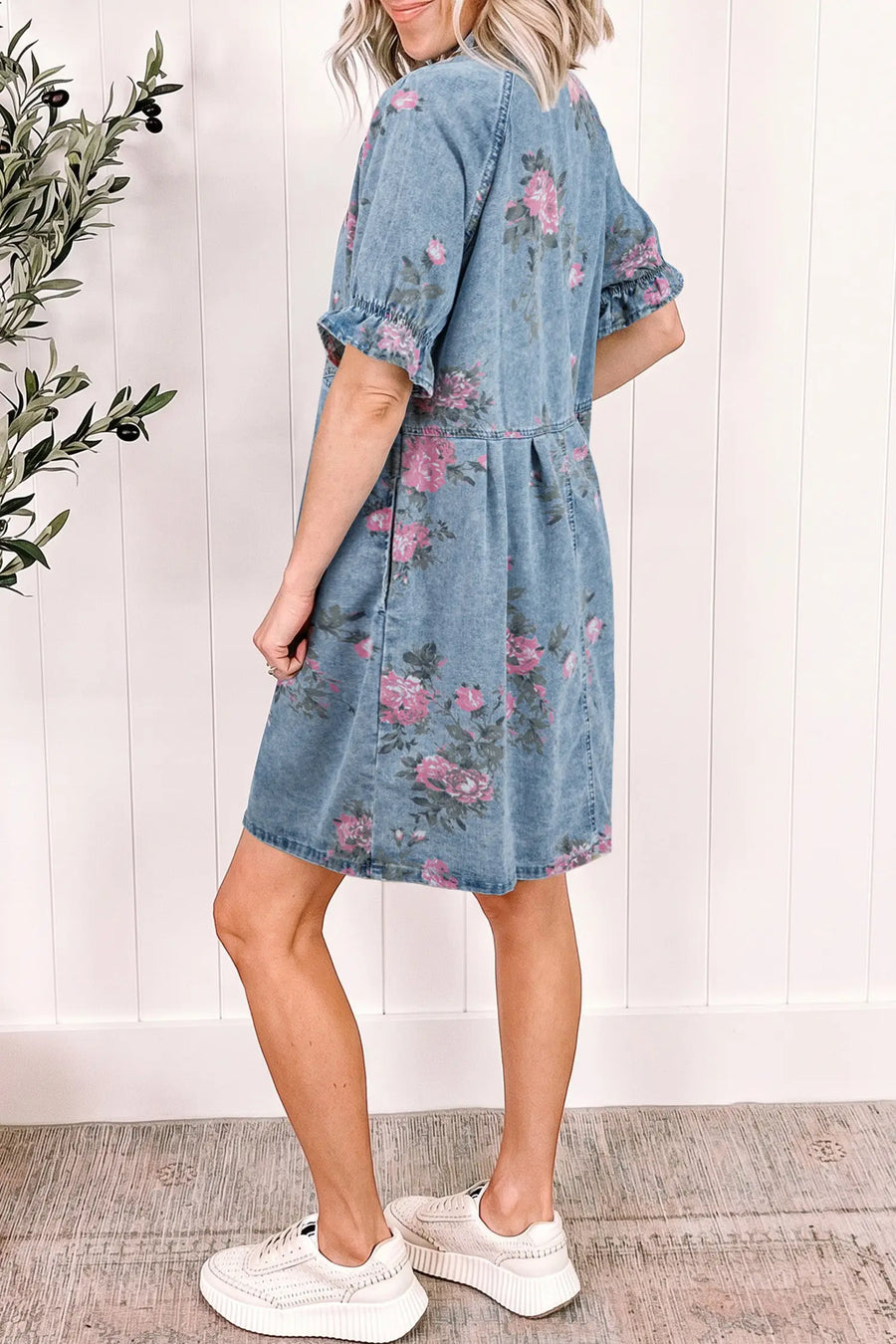 Floral Print Denim Short Sleeve Button-Down Dress — close-up detail | Fashionfitz UK
