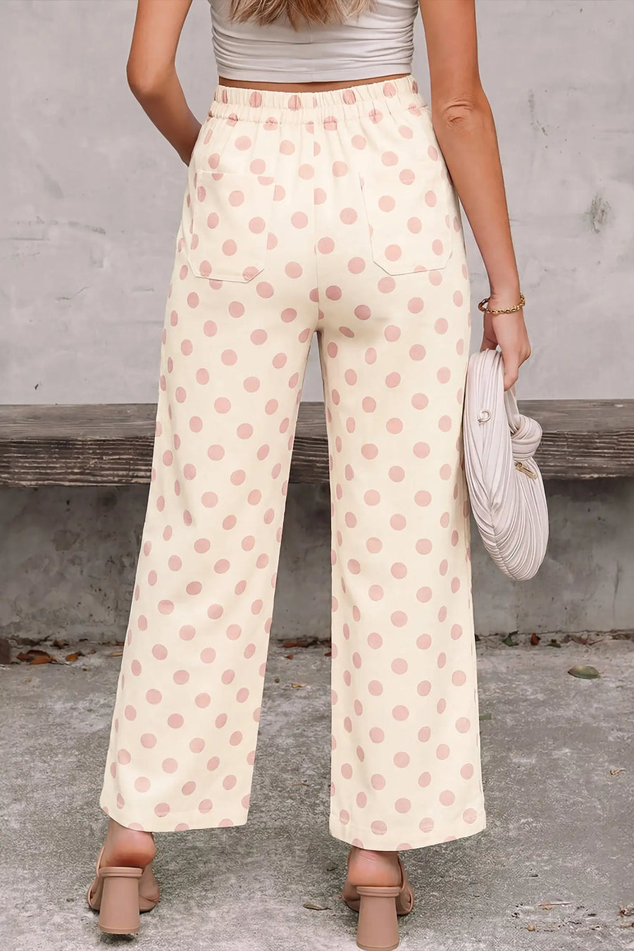 Sky blue polka dot print patched pocket mid-rise straight leg pants
