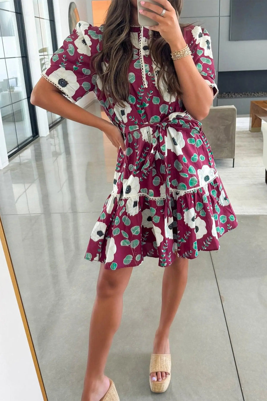 Red Floral Trimmed Puff Sleeve Belted Mini Dress Women UK — lifestyle view