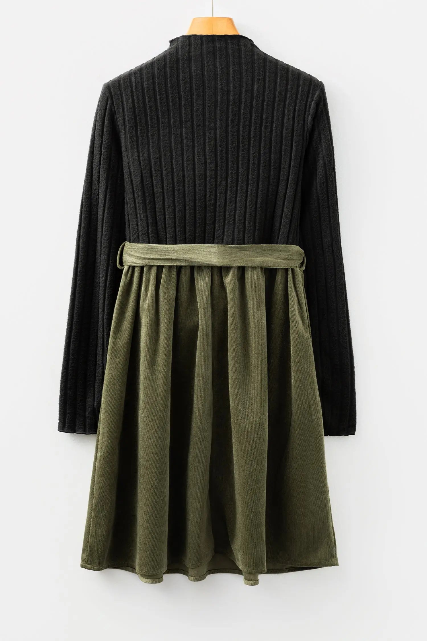 Black ribbed knit slim patchwork belted mini dress