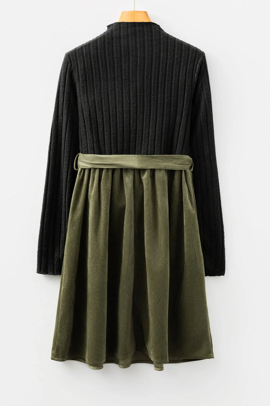 Black ribbed knit slim patchwork belted mini dress