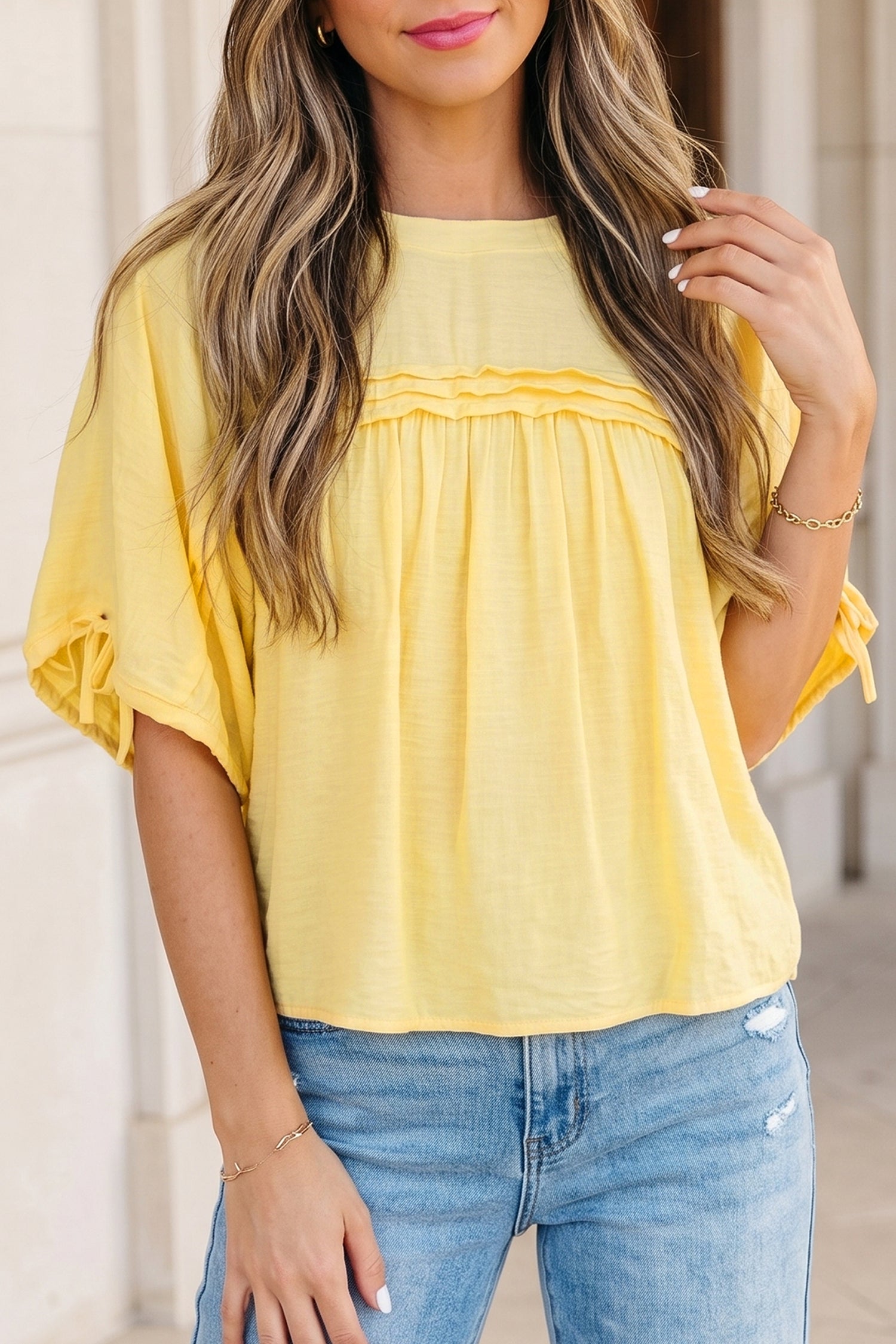 Tie Cuff Half Sleeve Pleated Babydoll Blouse