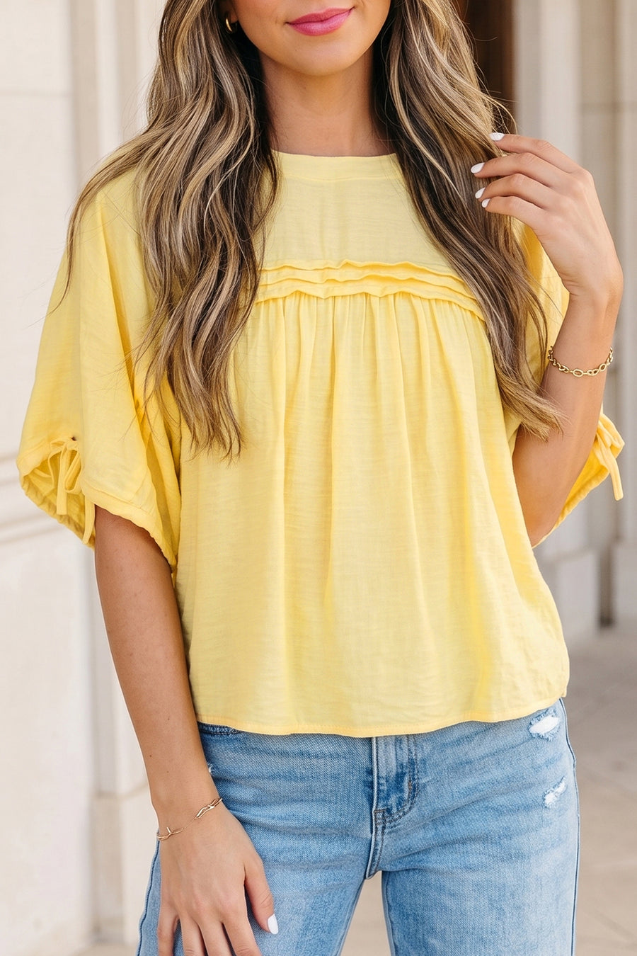 Tie Cuff Half Sleeve Pleated Babydoll Blouse — close-up detail | Fashionfitz UK