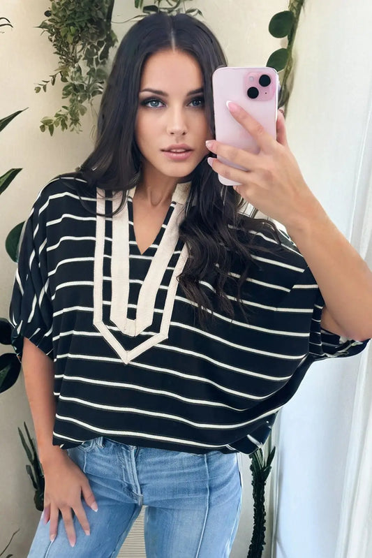 Close-up of stand collar and V-neck detail on black stripe dolman blouse Fashionfitz UK