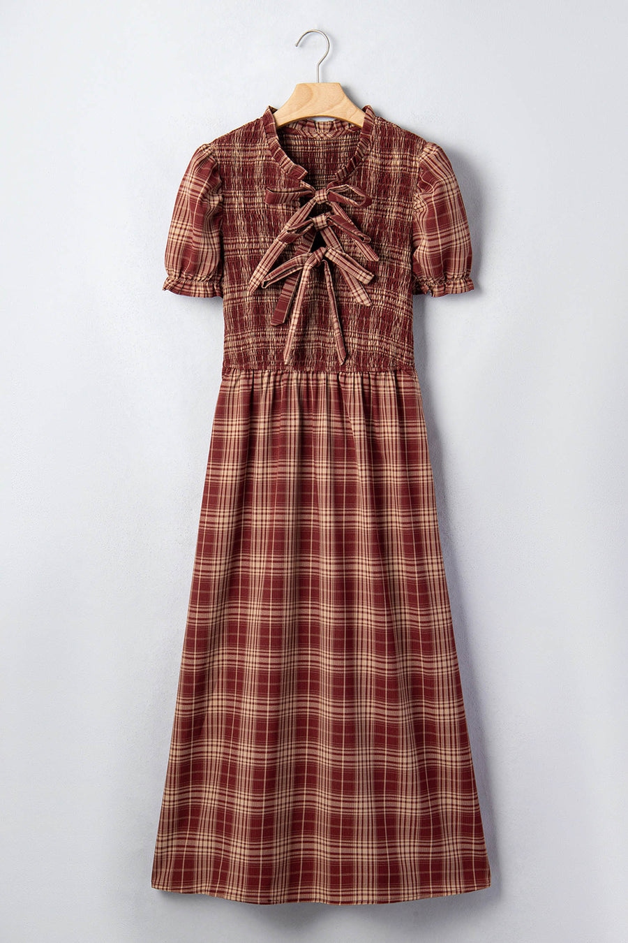Red Vintage Plaid Knot Front Smocked Midi Dress