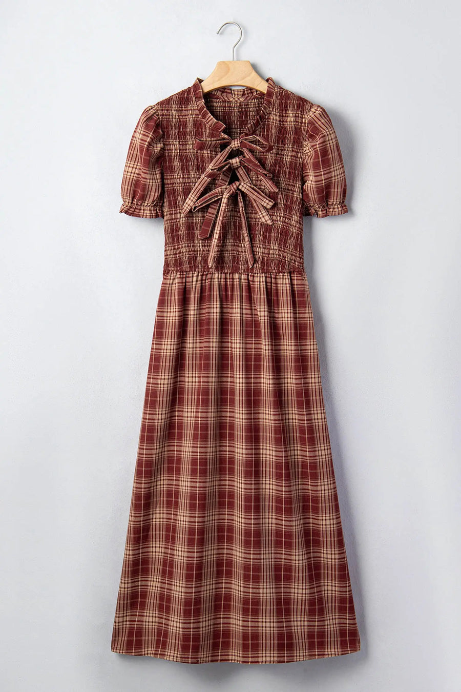 Red Vintage Plaid Knot Front Smocked Midi Dress