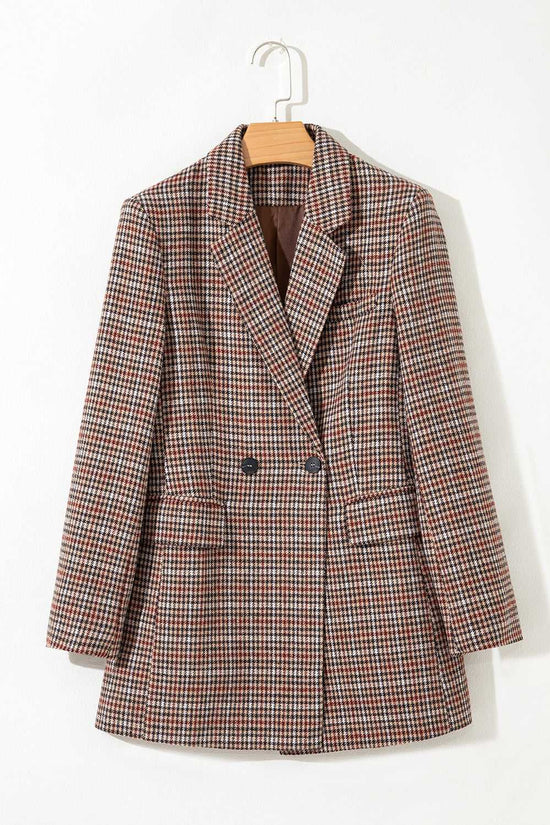 Front view of Ladies Brown Houndstooth Fitted Blazer on hanger, featuring double-breasted design and tailored silhouette.