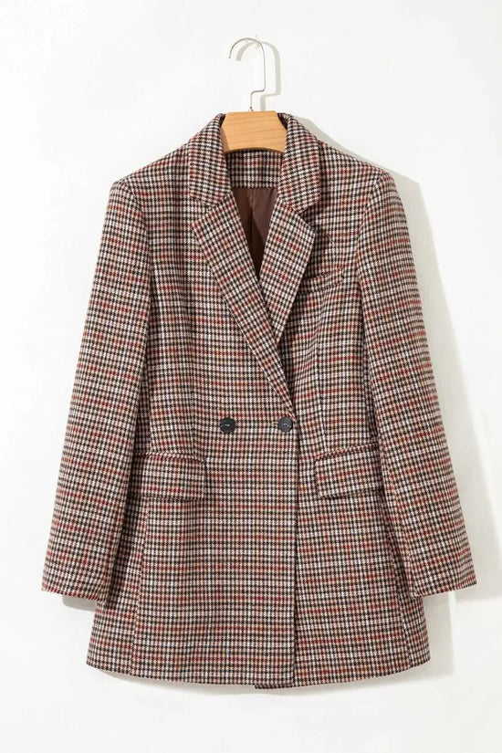 Front view of Ladies Brown Houndstooth Fitted Blazer on hanger, featuring double-breasted design and tailored silhouette.