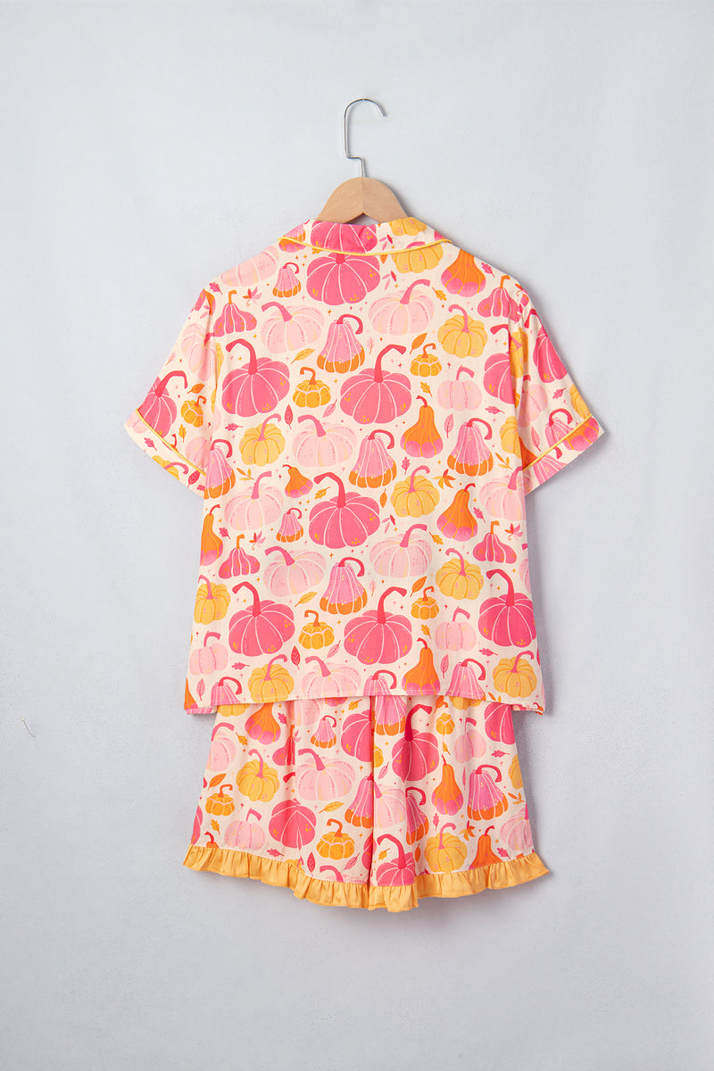 Pumpkin Print Shell Button Short Sleeve Lounge Set Women UK