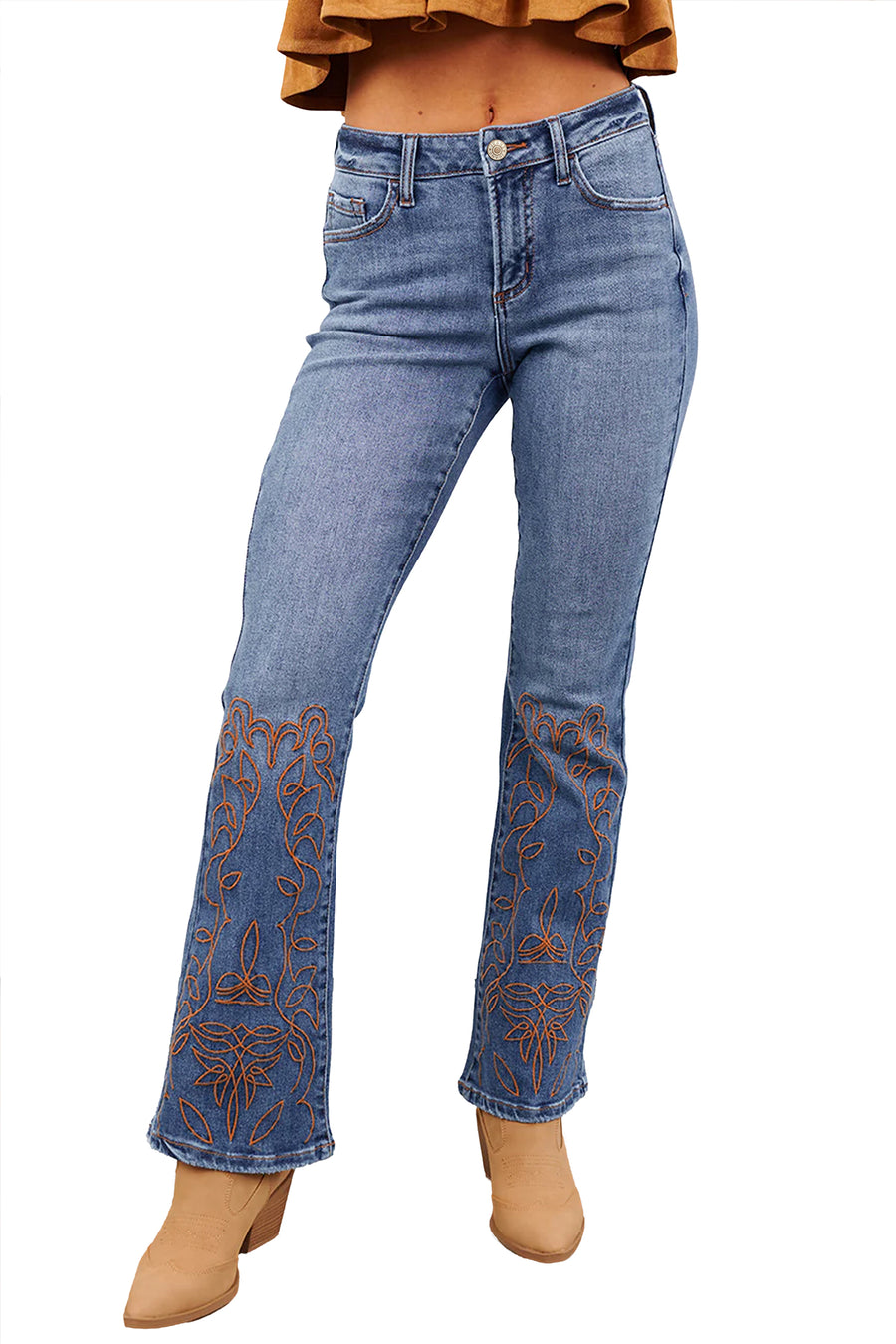Embroidered flare leg jeans — close-up of embroidered hem and flare detail at ankle