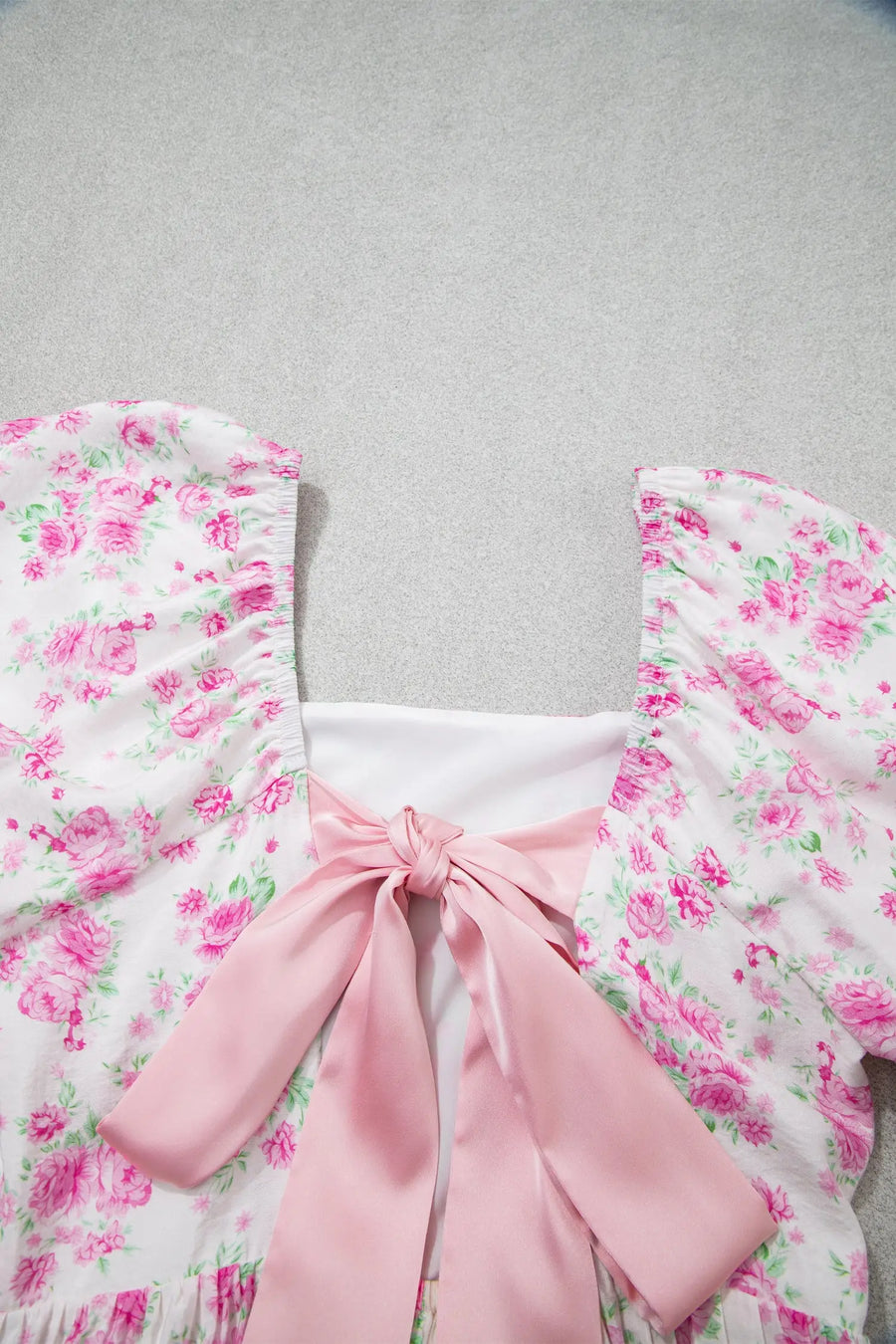 Pink Floral Square Neck Ribbon Knot Back Mini Dress Women UK