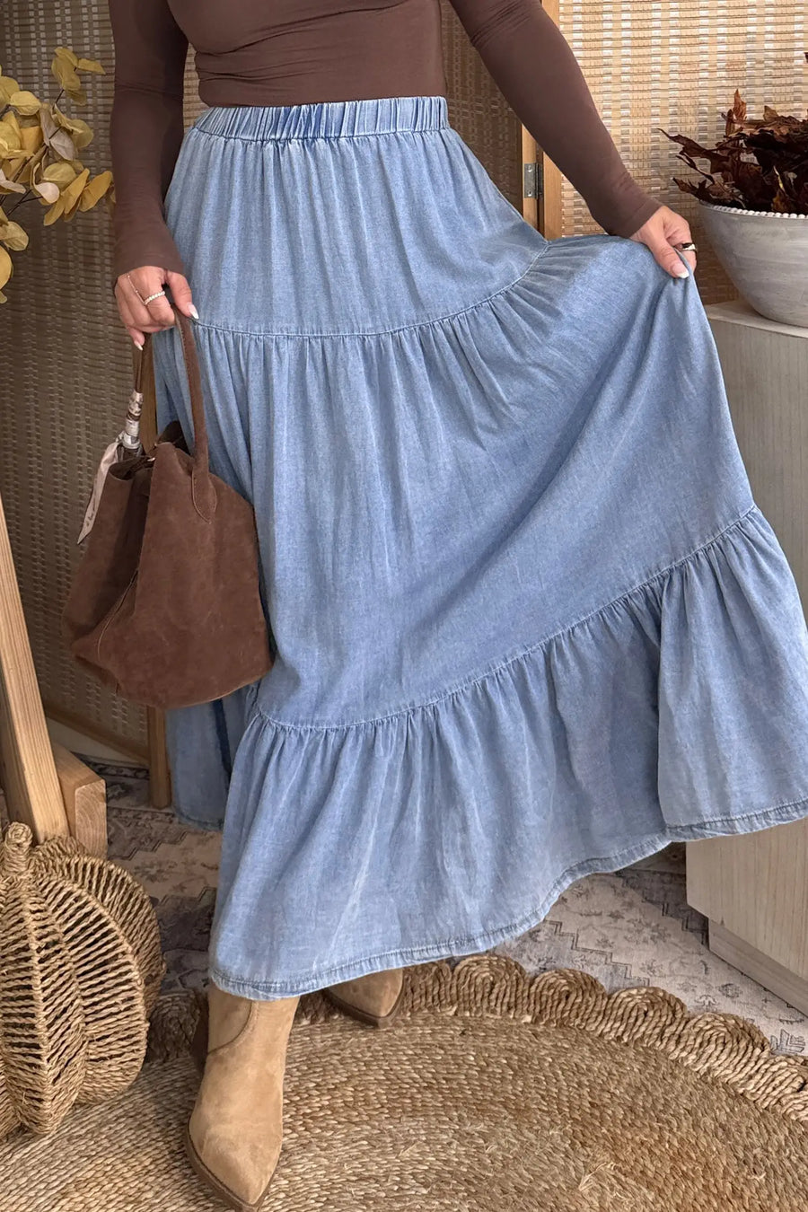 Elastic waist ruffled tiered maxi skirt lyocell side pockets beau blue skirts