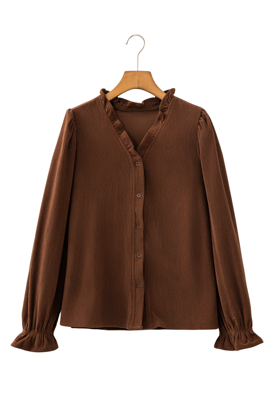 Ruffle Trim V-Neck Corduroy Shacket