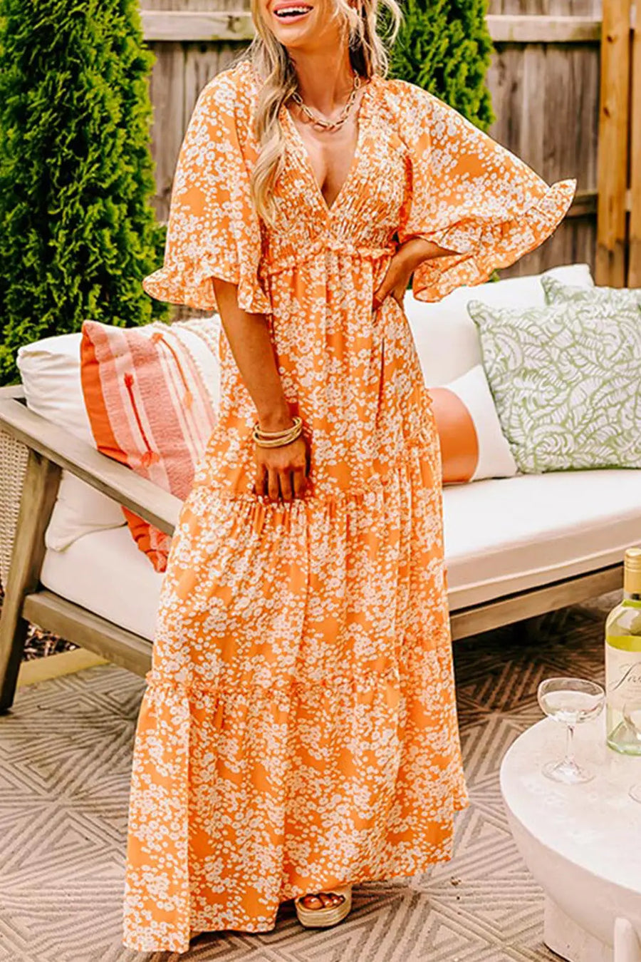 Orange Floral Smocked V Neck Wide Sleeve Maxi Dress Women UK