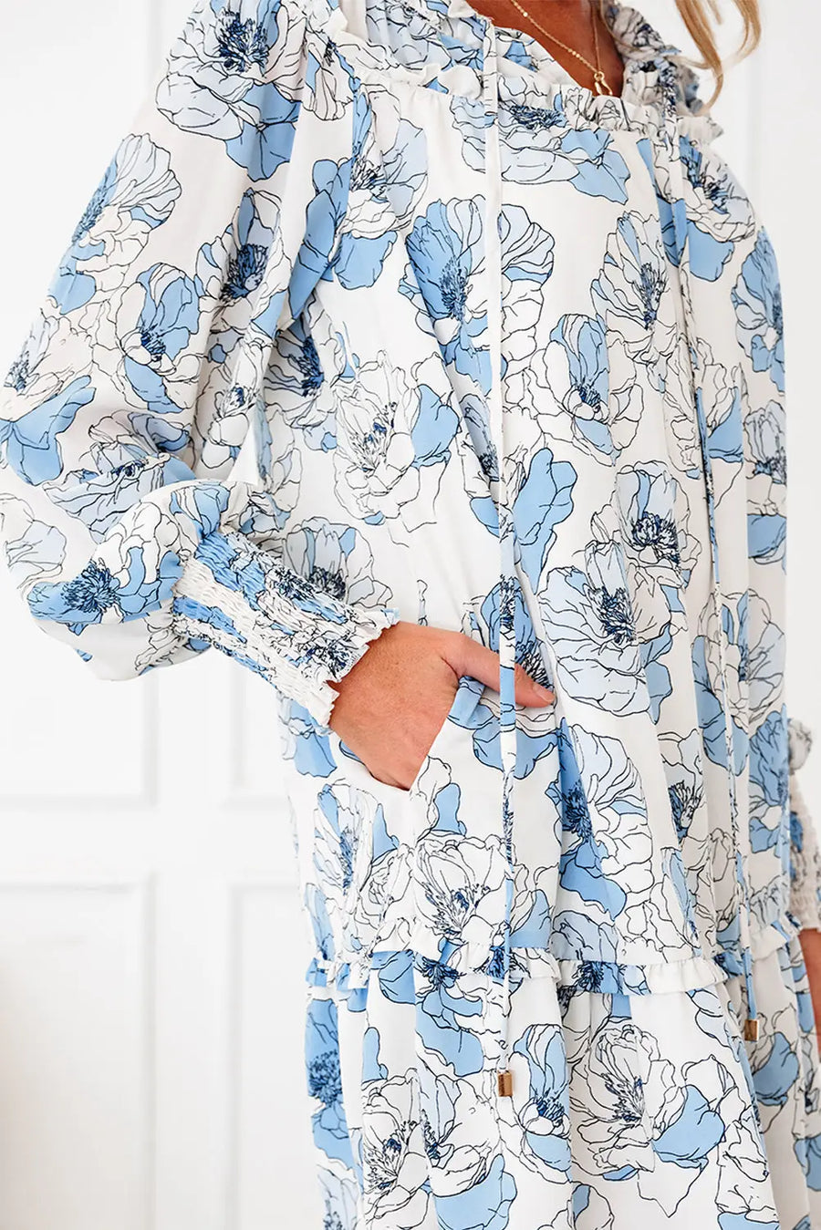 Sky Blue Floral Tie Neck Long Sleeve Flowy Mini Dress Women UK — lifestyle view