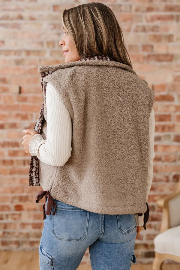 Back view of Women's Country Borg Fleece Gilet Winter Vest FashionFitz showing soft fleece texture and side bow details in khaki.