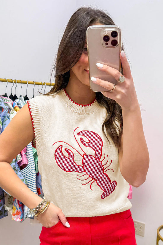 Plaid Crawfish Embroidery Crew Neck Knit Sweater Vest