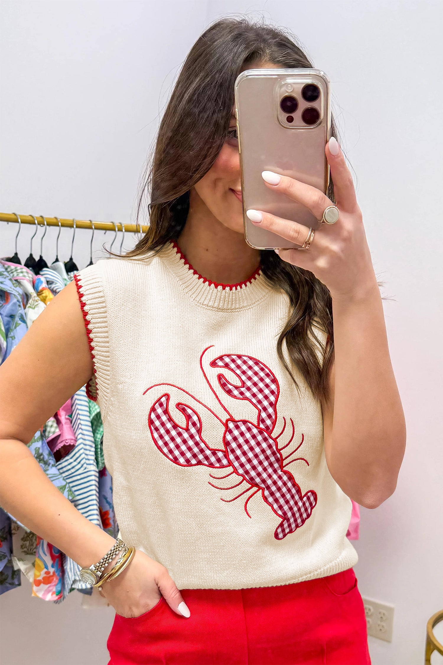 Plaid Crawfish Embroidery Crew Neck Knit Sweater Vest