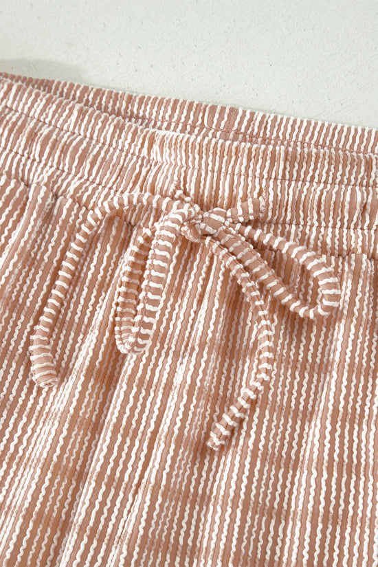 Stripe Raised Rib Loose Tee & Drawstring Elastic Waist Shorts Set